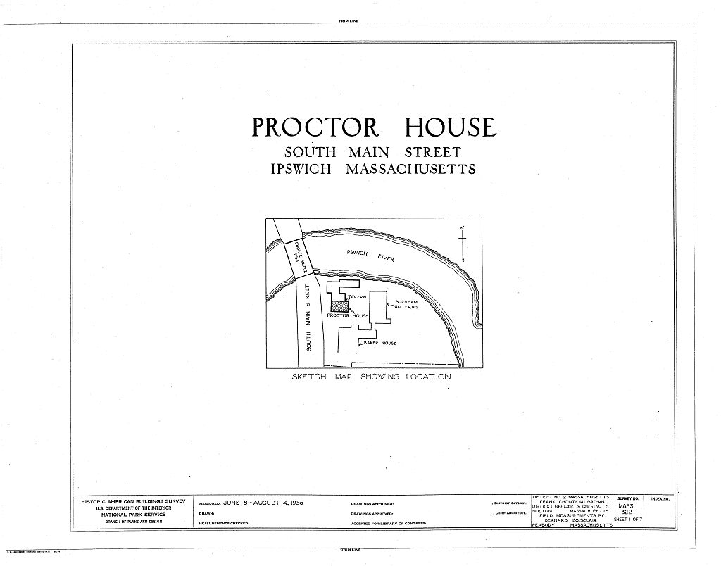 Proctor House, Jeffrey's Neck Road (moved from South Main Street, abutting Choate Bridge), Ipswich, Essex County, MA, measured drawing filed with the federal survey