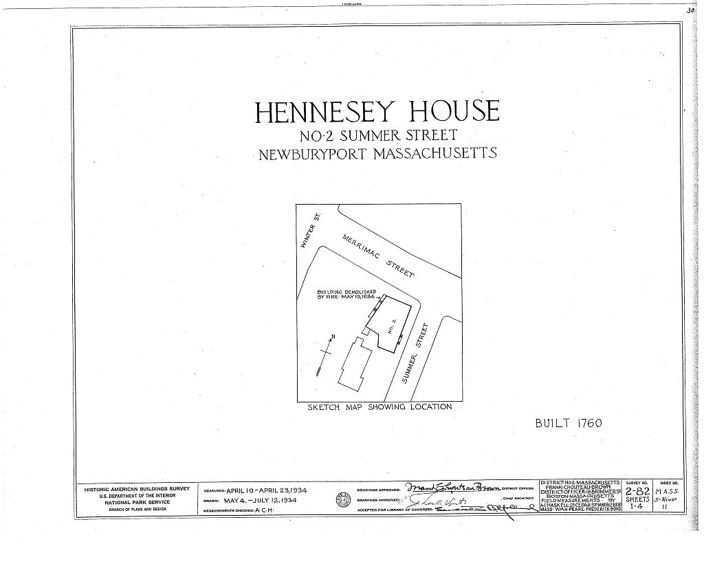 Hennessey House, 2 Summer Street, Newburyport, Essex County, MA, measured drawing filed with the federal survey