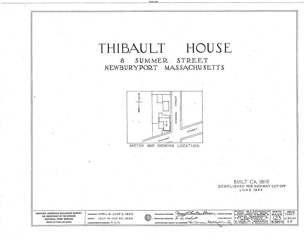 Thibault House, 8 Summer Street, Newburyport, Essex County, MA, measured drawing filed with the federal survey