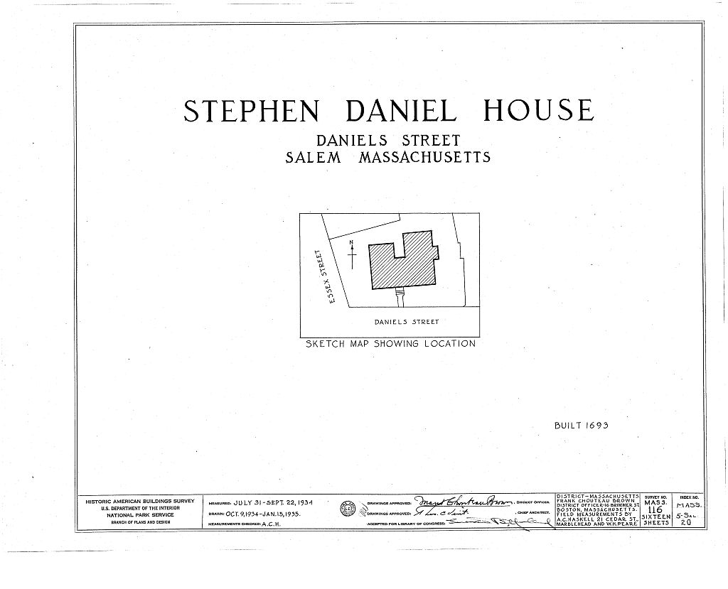 Stephen Daniel House, Daniels & Essex Streets, Salem, Essex County, MA, measured drawing filed with the federal survey
