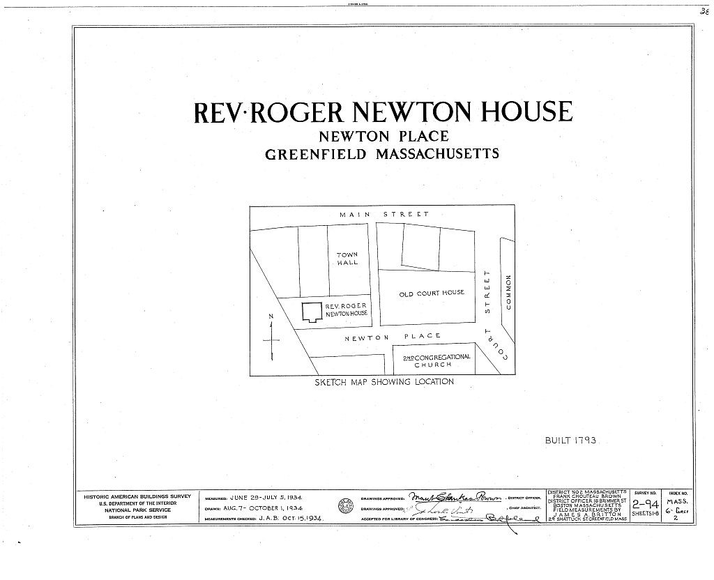 Reverend Roger Newton House, Newton Place (moved from original location), Greenfield, Franklin County, MA, measured drawing filed with the federal survey