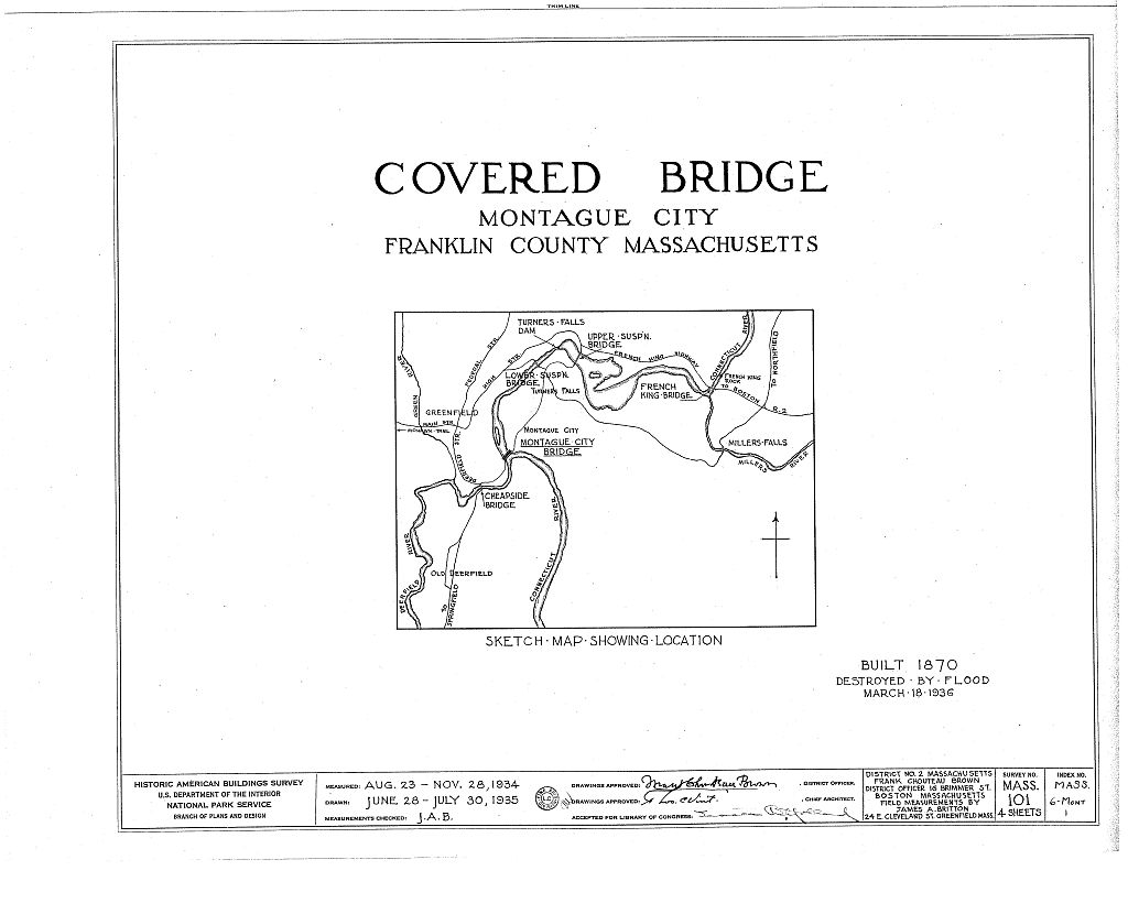 Covered Bridge, Spanning Connecticut River, Montague City, Franklin County, MA, measured drawing filed with the federal survey