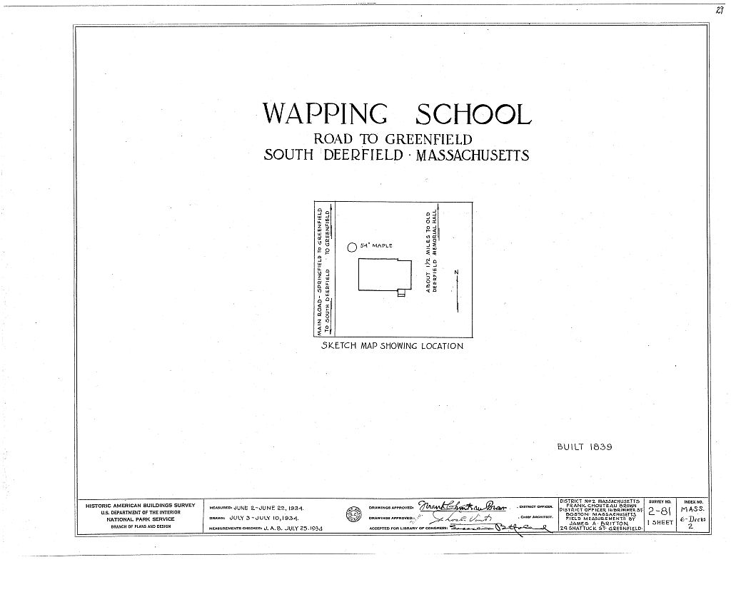 Wapping School, Greenfield Road, South Deerfield, Franklin County, MA, measured drawing filed with the federal survey