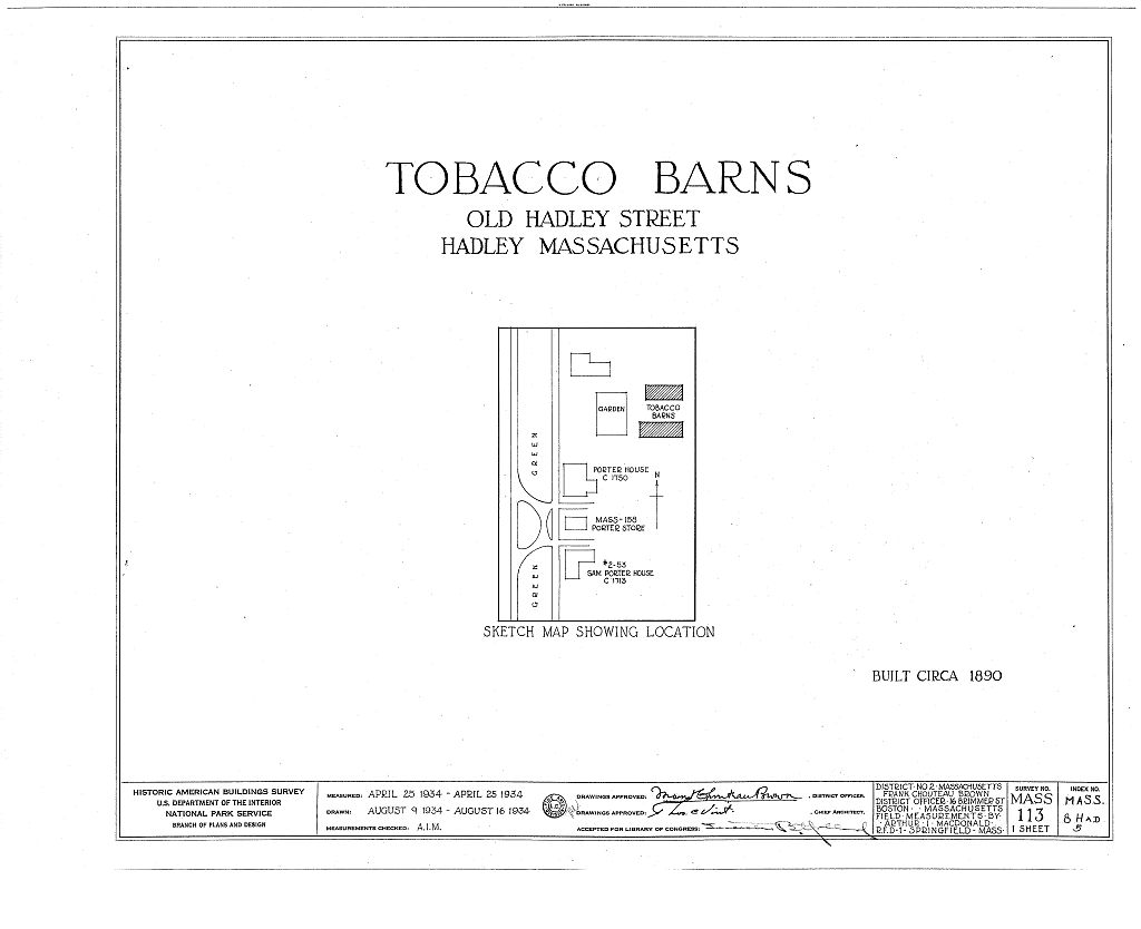 Tobacco Barns, Old Hadley Street, Hadley, Hampshire County, MA, measured drawing filed with the federal survey