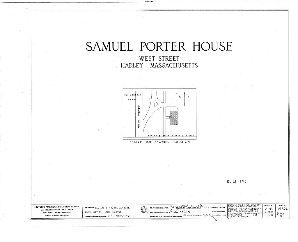 Samuel Porter House, West Street, Hadley, Hampshire County, MA, measured drawing filed with the federal survey