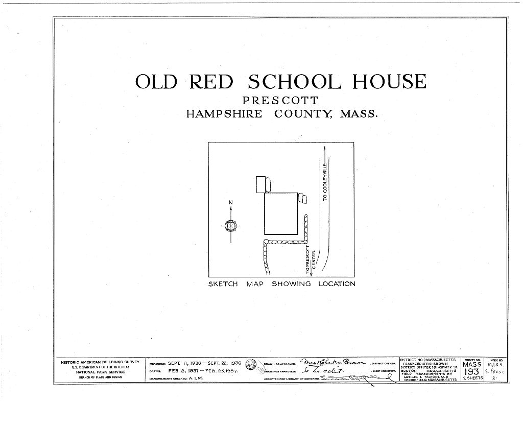 Old Red Schoolhouse, Cooleyville Road, Prescott Center, Franklin County, MA, measured drawing filed with the federal survey