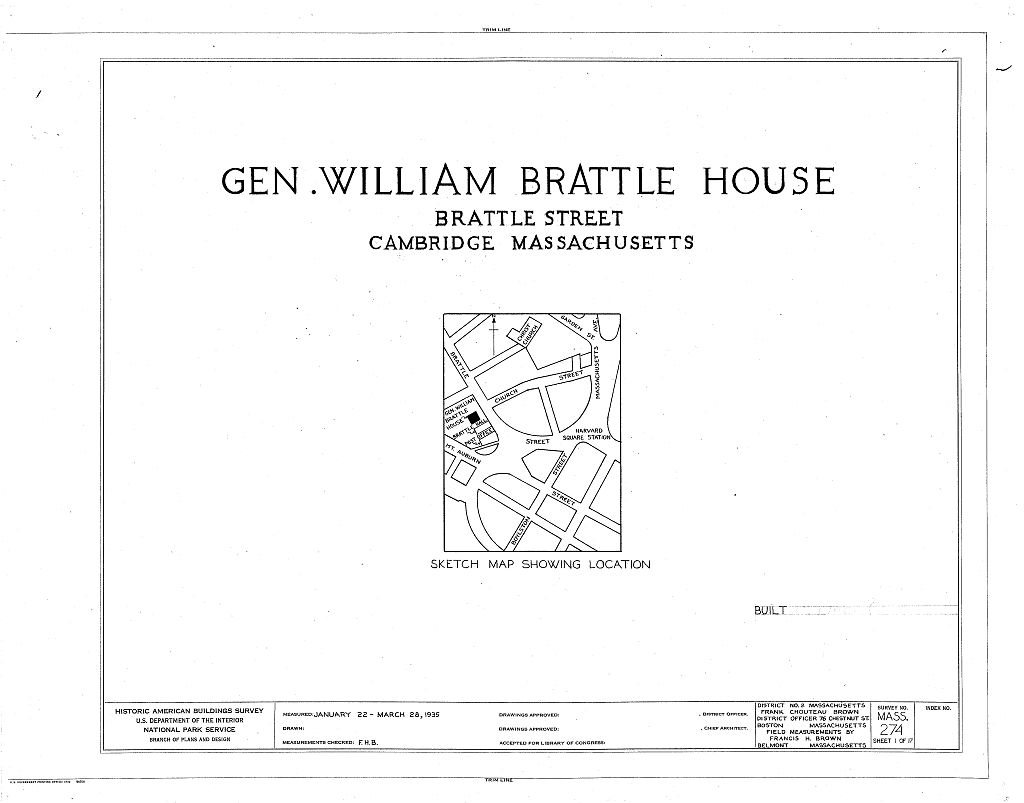 General William Brattle House, 42 Brattle Street, Cambridge, Middlesex County, MA, measured drawing filed with the federal survey