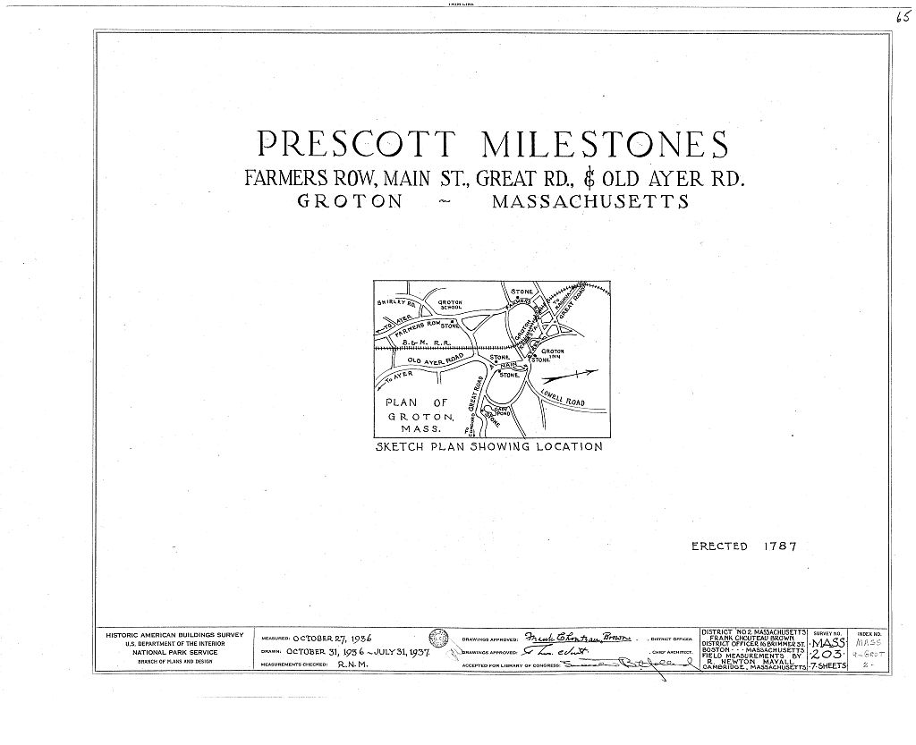 Doctor Oliver Prescott Milestones, Farmers Row & Main Street; Great Road & Old Ayer Road, Groton, Middlesex County, MA, measured drawing filed with the federal survey