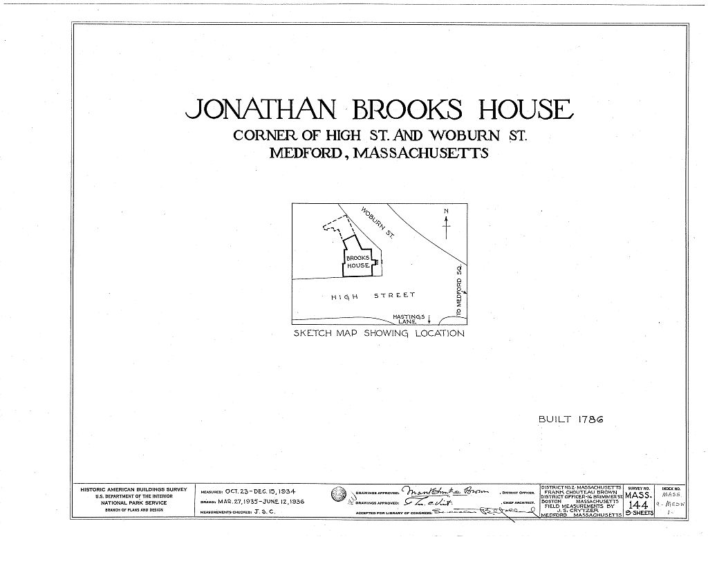Jonathan Brooks House, Woburn & High Streets, West Medford, Middlesex County, MA, measured drawing filed with the federal survey