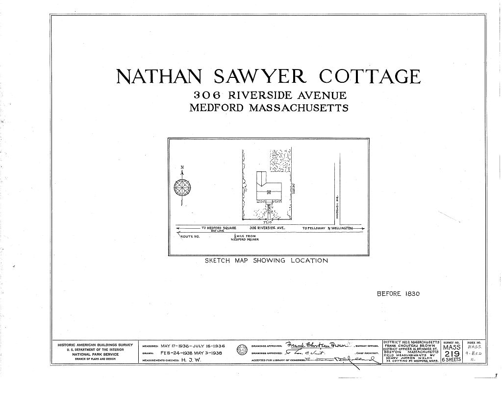 Nathan Sawyer Cottage, 306 Riverside Avenue, Medford, Middlesex County, MA, measured drawing filed with the federal survey