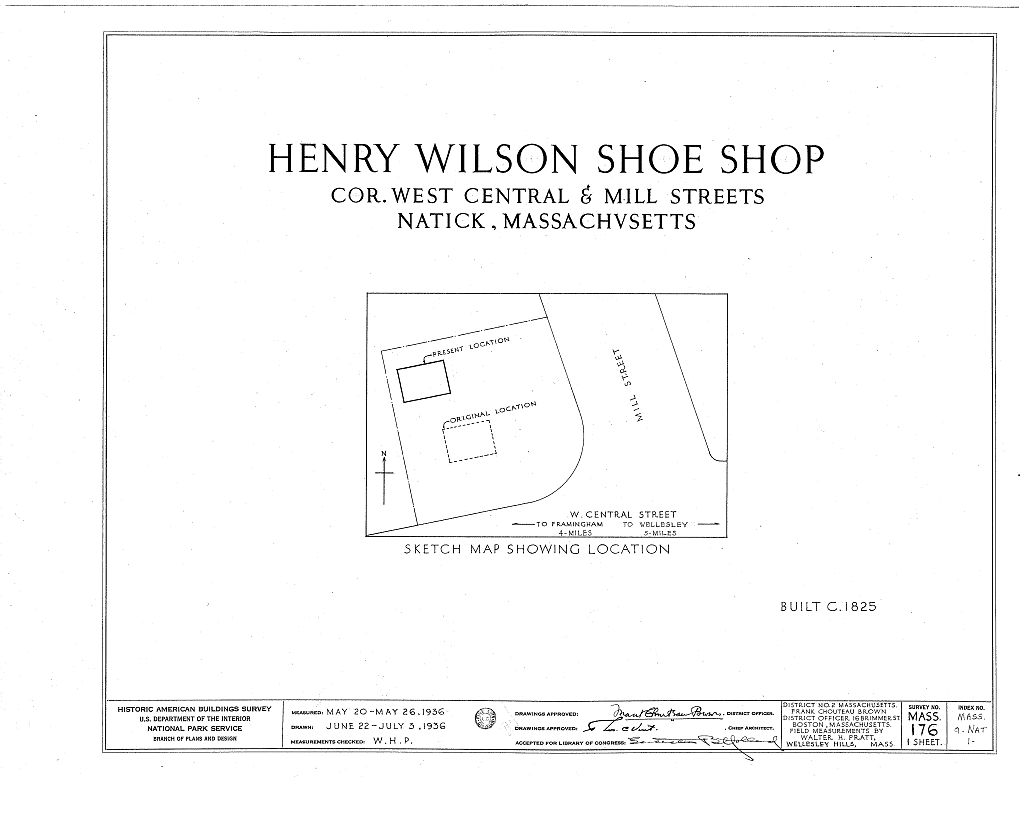 Henry Wilson Shoe Shop, West Central & Mill Streets, Natick, Middlesex County, MA, measured drawing filed with the federal survey