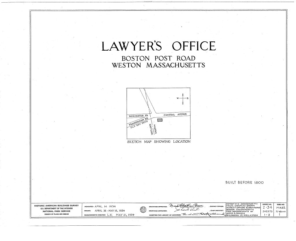 Alpheus Bigelow, Jr. Law Office, Central Avenue, Weston, Middlesex County, MA, measured drawing filed with the federal survey