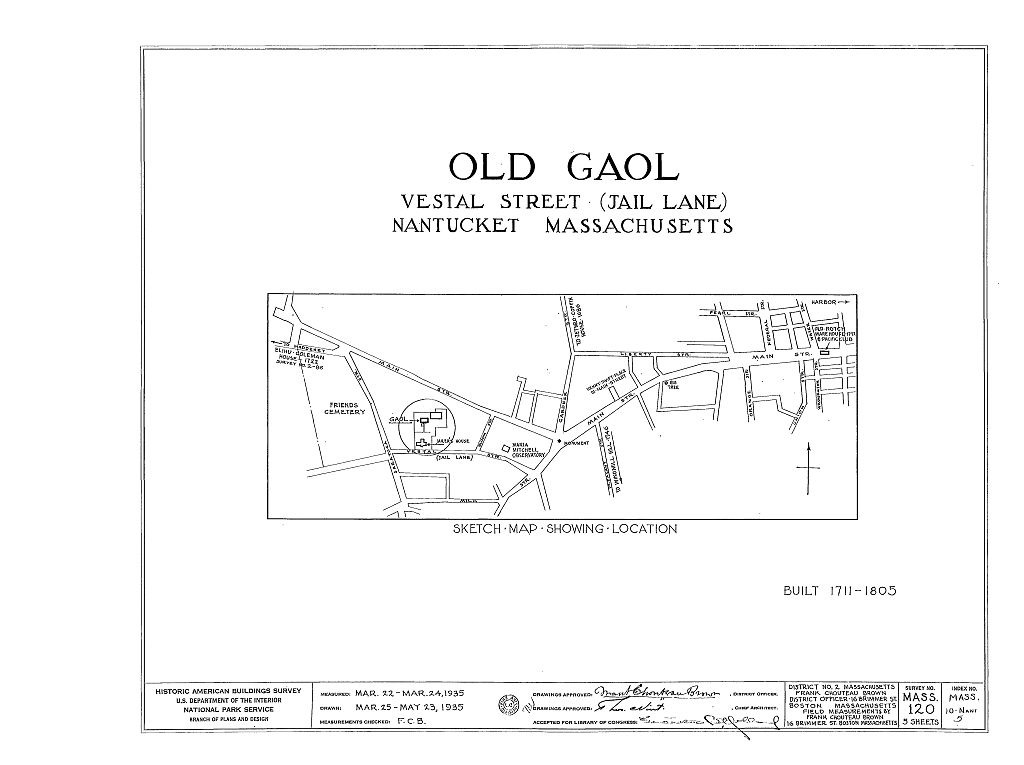 Old Gaol, Vestal Street (moved from original site), Nantucket, Nantucket County, MA, measured drawing filed with the federal survey