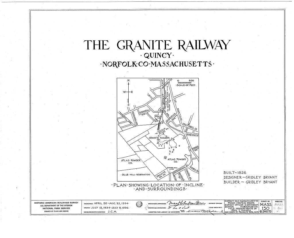 Granite Railway, Pine Hill Quarry to Neponset River, Quincy, Norfolk County, MA, measured drawing filed with the federal survey