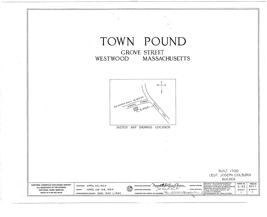 Town Pound, Grove Street, Westwood, Norfolk County, MA, measured drawing filed with the federal survey