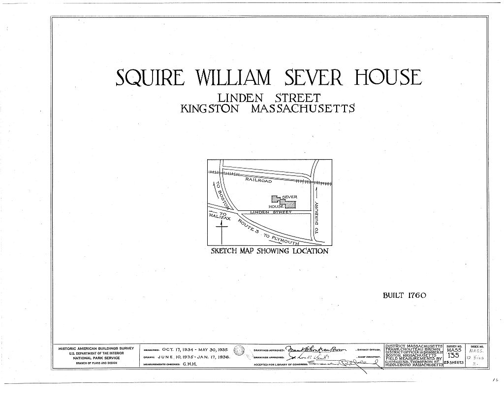 Squire William Sever House, 2 Linden Street, Kingston, Plymouth County, MA, measured drawing filed with the federal survey