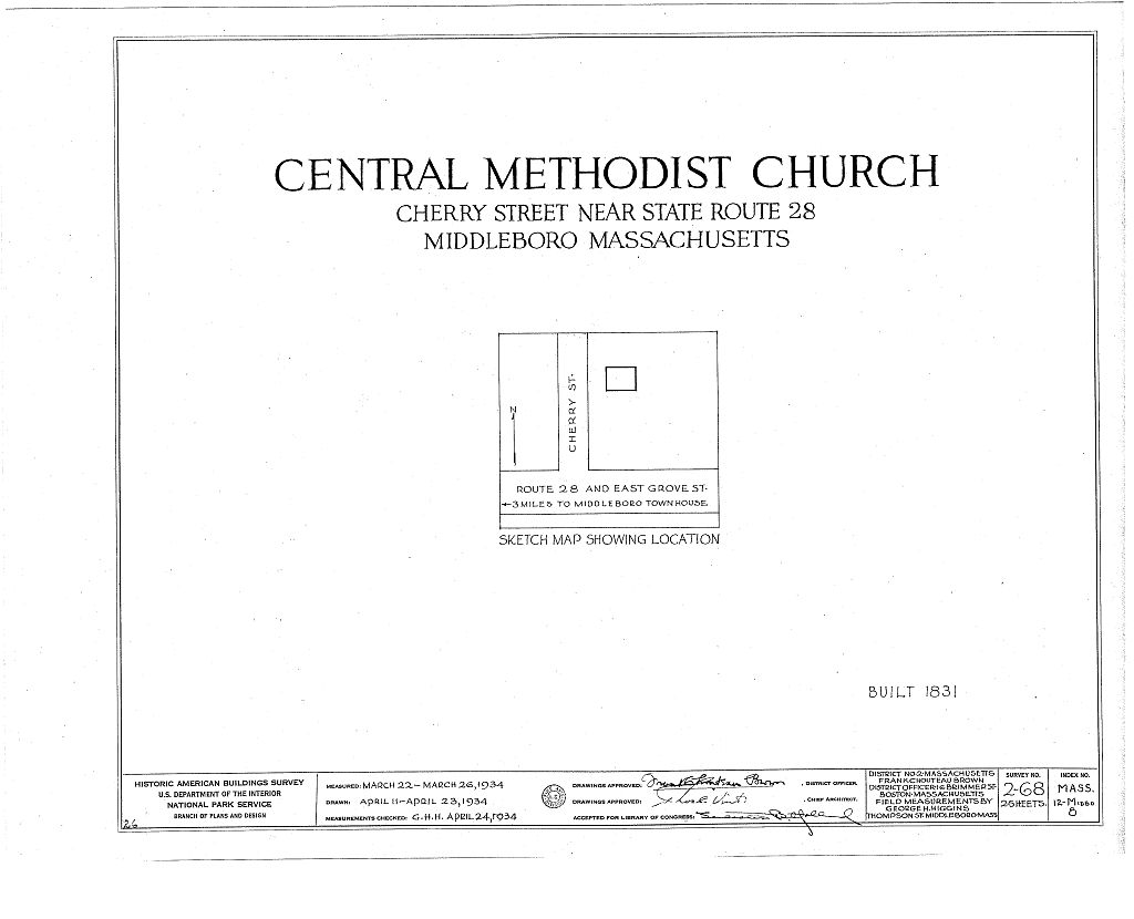 Central Methodist Church, Cherry Street, Middleboro, Plymouth County, MA, measured drawing filed with the federal survey