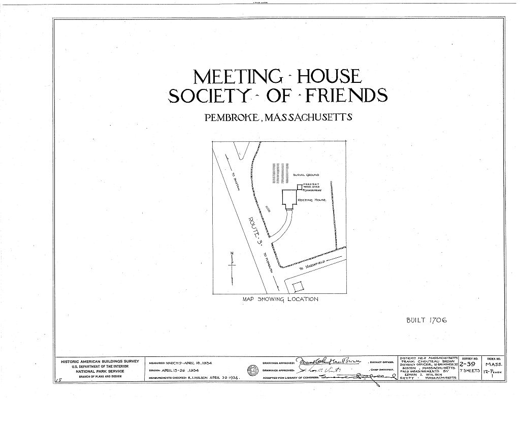 Society of Friends Meetinghouse, Schoosett Street (Routes 139 & 53), North Pembroke, Plymouth County, MA, measured drawing filed with the federal survey