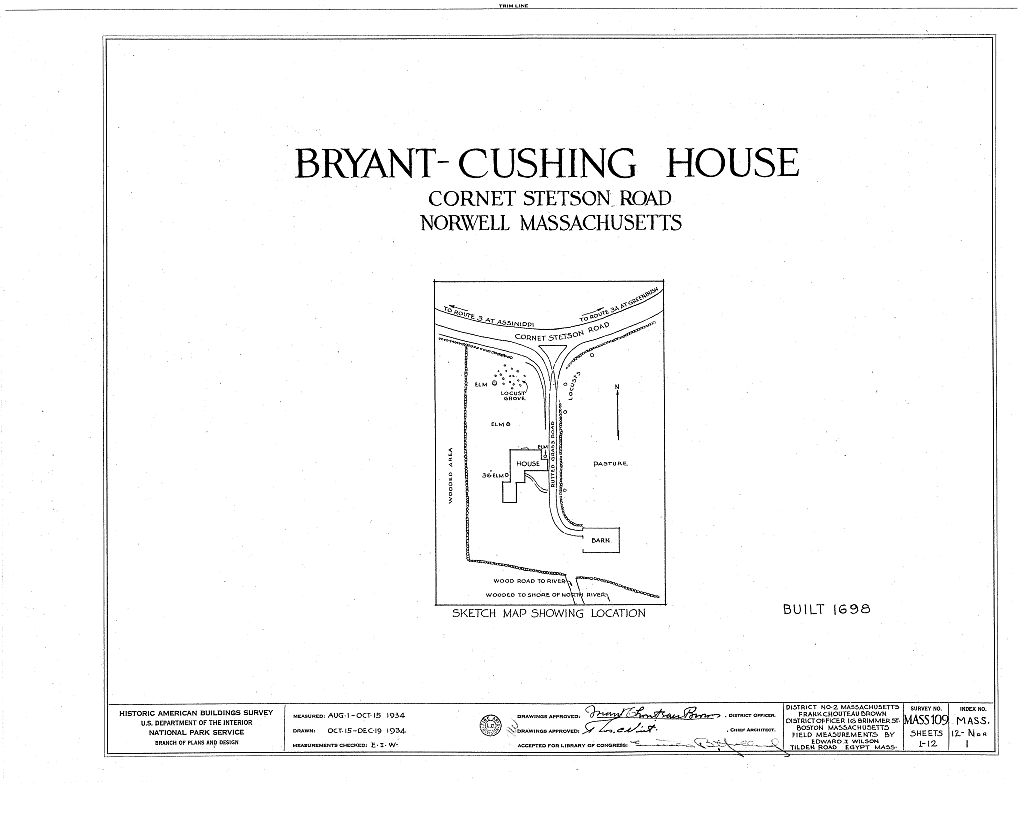Bryant-Cushing House, Cornet Stetson Road, Norwell, Plymouth County, MA, measured drawing filed with the federal survey