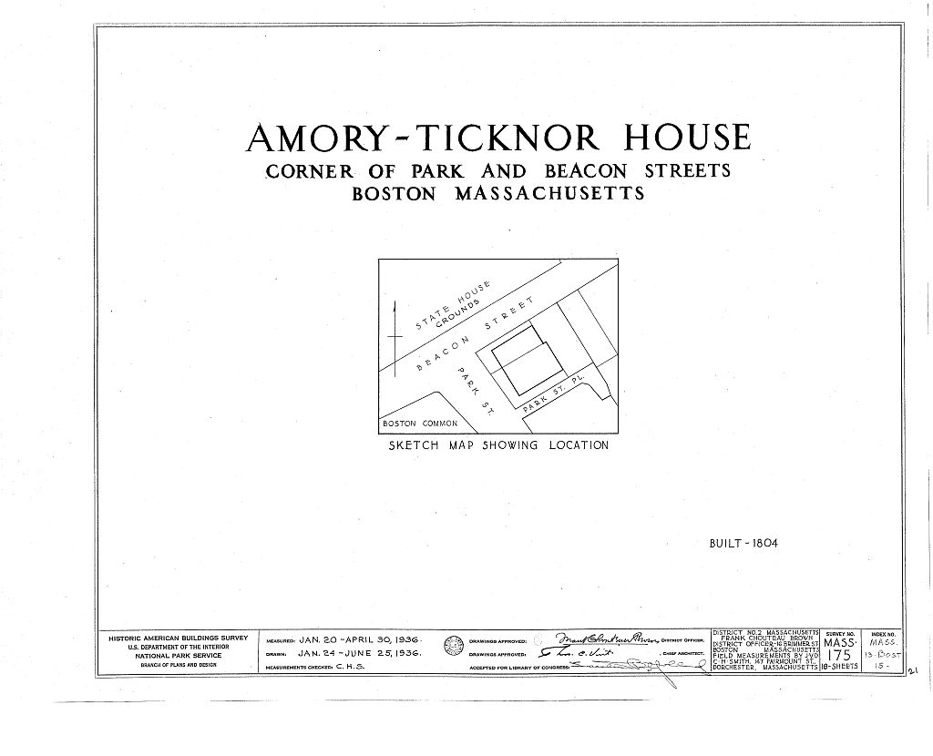Amory-Ticknor House, 9 Park Street, Boston, Suffolk County, MA, measured drawing filed with the federal survey