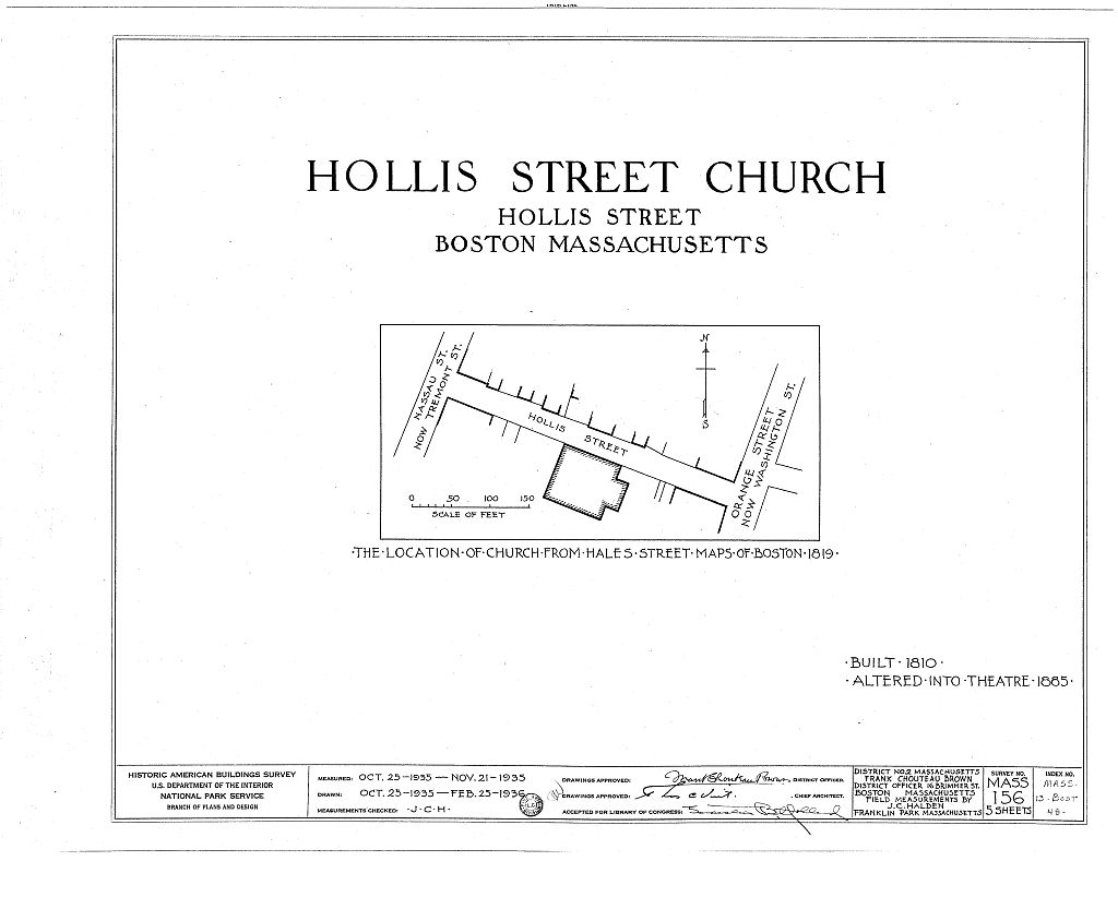Hollis Street Church, Hollis Street, Boston, Suffolk County, MA, measured drawing filed with the federal survey