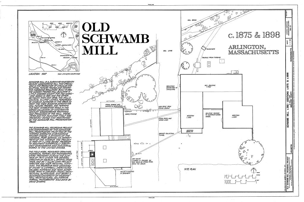 Schwamb Mill, 17 Mill Lane, Arlington, Middlesex County, MA, measured drawing filed with the federal survey