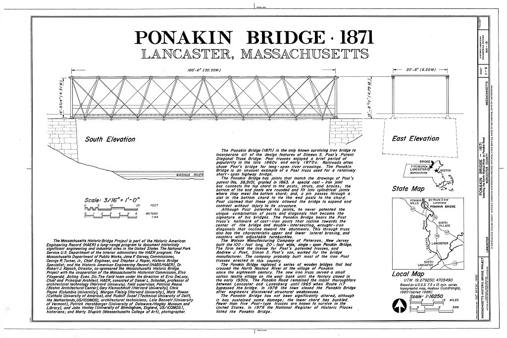 Ponakin Road Bridge, Spanning Nashua River on Ponakin Road, Lancaster, Worcester County, MA, measured drawing filed with the federal survey
