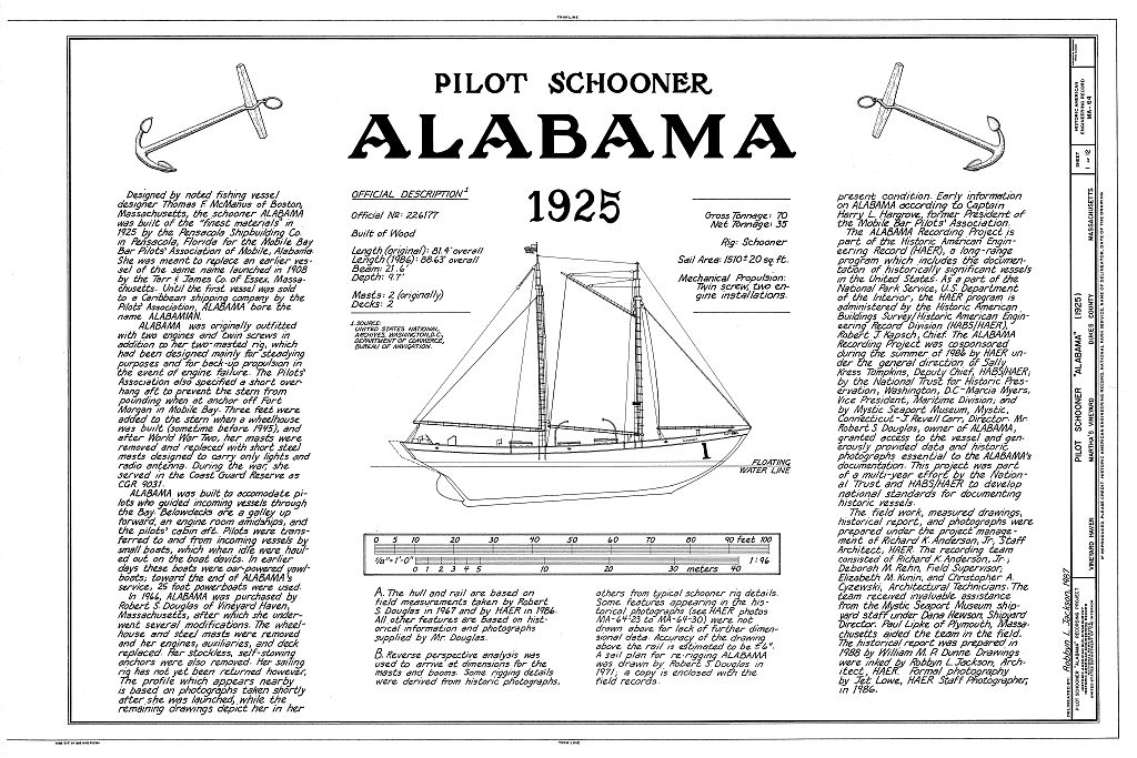 Pilot Schooner "Alabama", Moored in harbor at Vineyard Haven, Vineyard Haven, Dukes County, MA, measured drawing filed with the federal survey