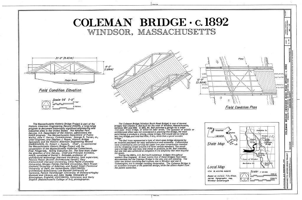 Coleman Bridge, Spanning Phelps Brook, on Windsor Bush Road, at eastern edge of  Windsor State Forest, Windsor, Berkshire County, MA, measured drawing filed with the federal survey