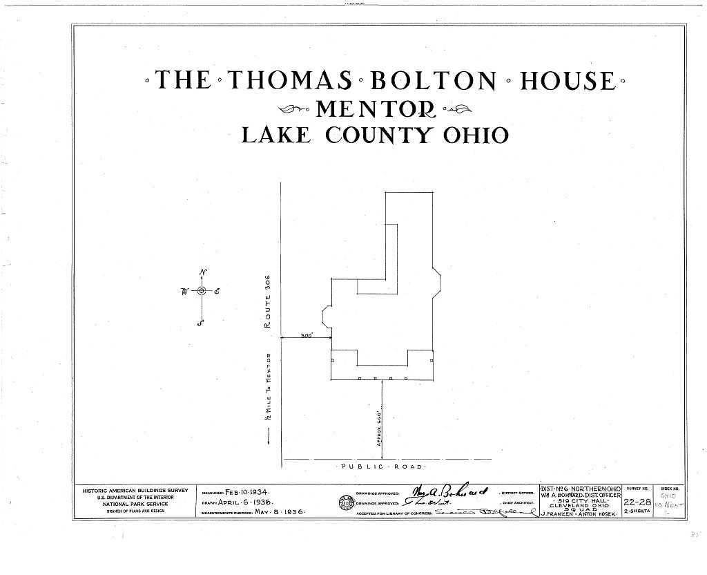 Thomas Bolton House, Euclid Road & East Seventy-first Street, Mentor, Lake County, OH, measured drawing filed with the federal survey