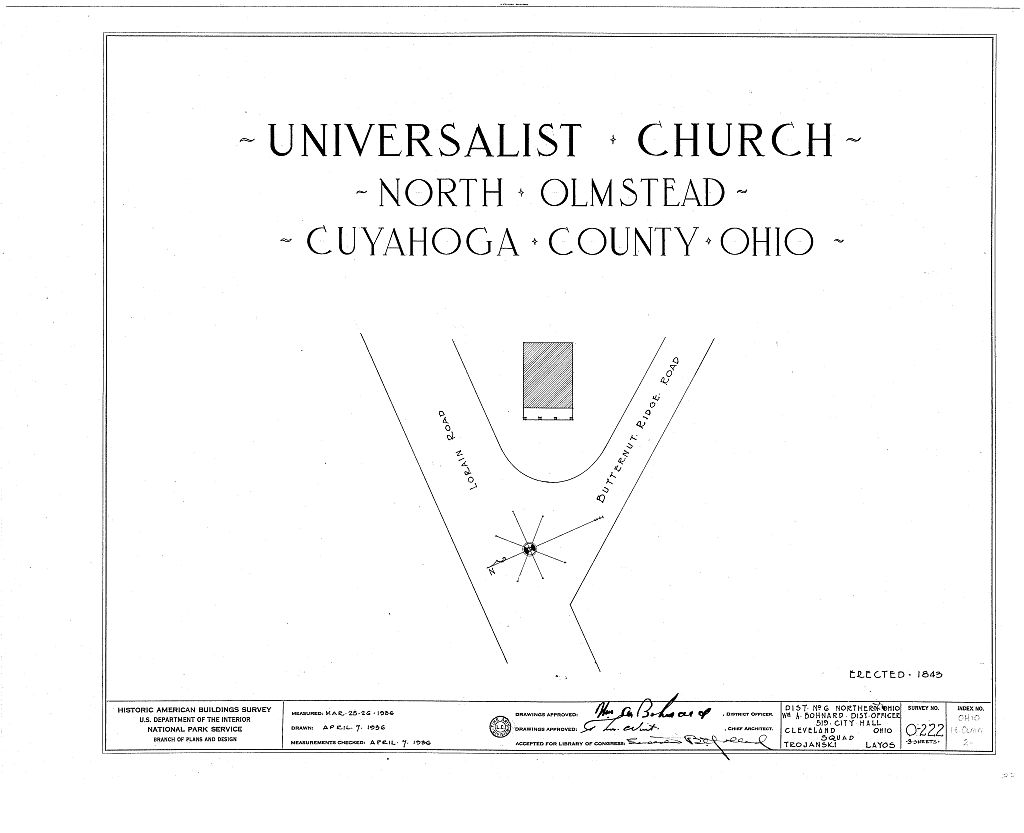 Universalist Church, Lorain & Butternut Ridge Roads, North Olmsted, Cuyahoga County, OH, measured drawing filed with the federal survey