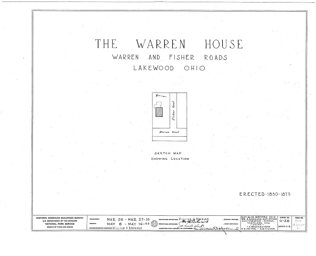 Warren House, Warren & Fisher Roads, Lakewood, Cuyahoga County, OH, measured drawing filed with the federal survey