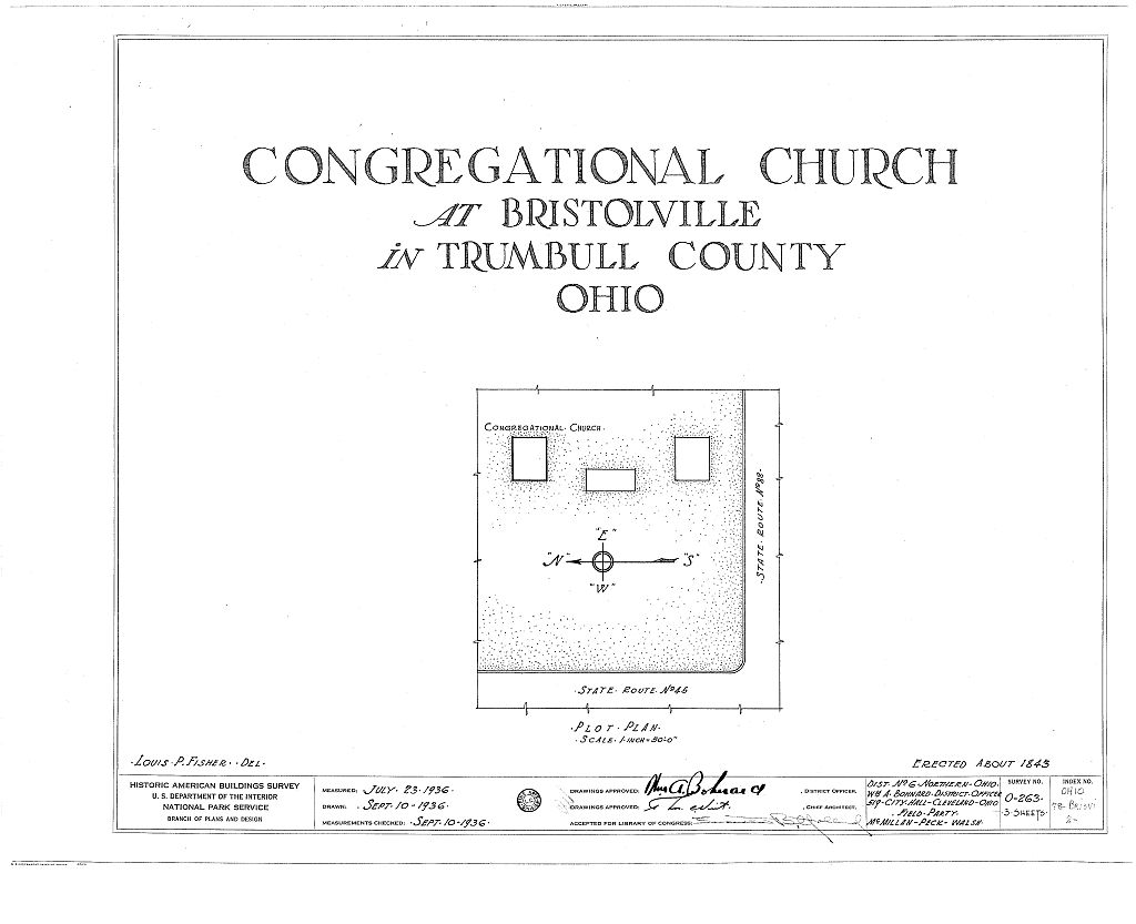 Congregational Church, State Route 45 & 88, Bristolville, Trumbull County, OH, measured drawing filed with the federal survey