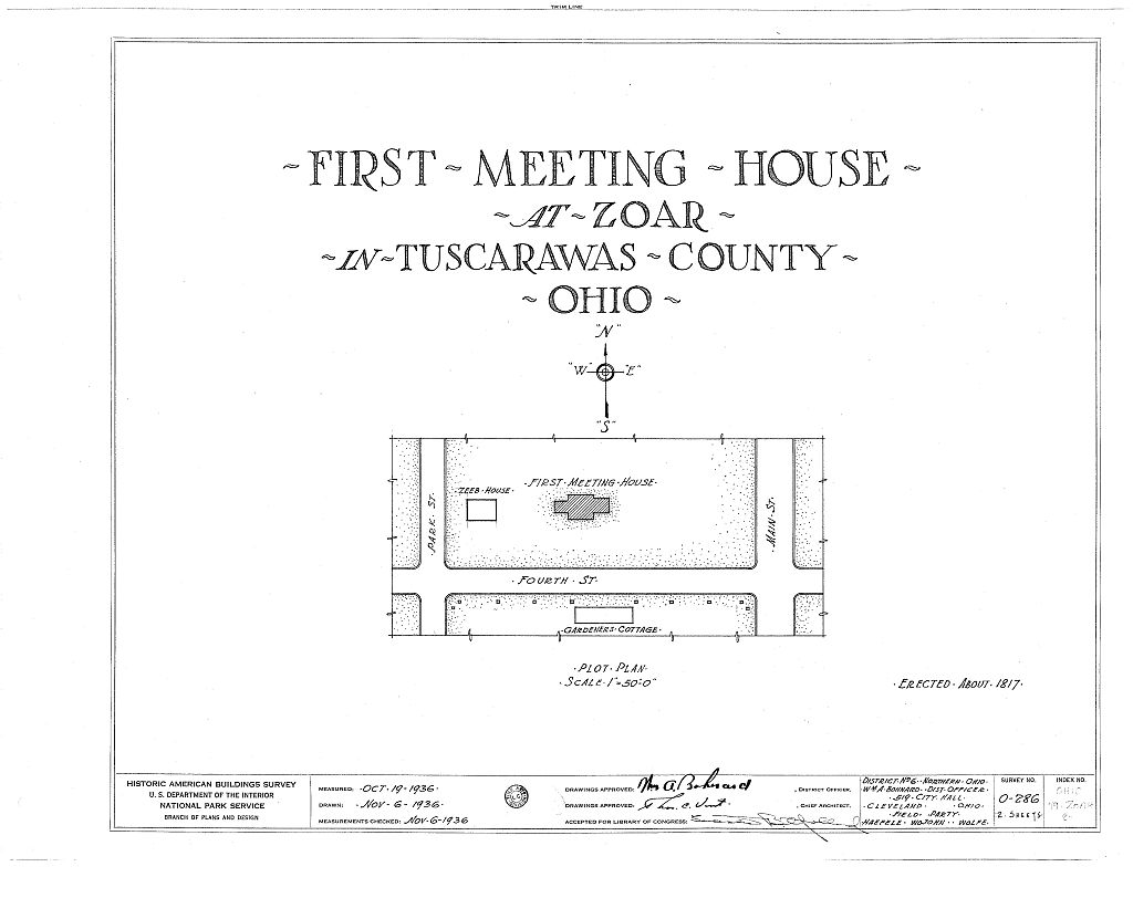 First Meetinghouse, Fourth Street, Zoar, Tuscarawas County, OH, measured drawing filed with the federal survey