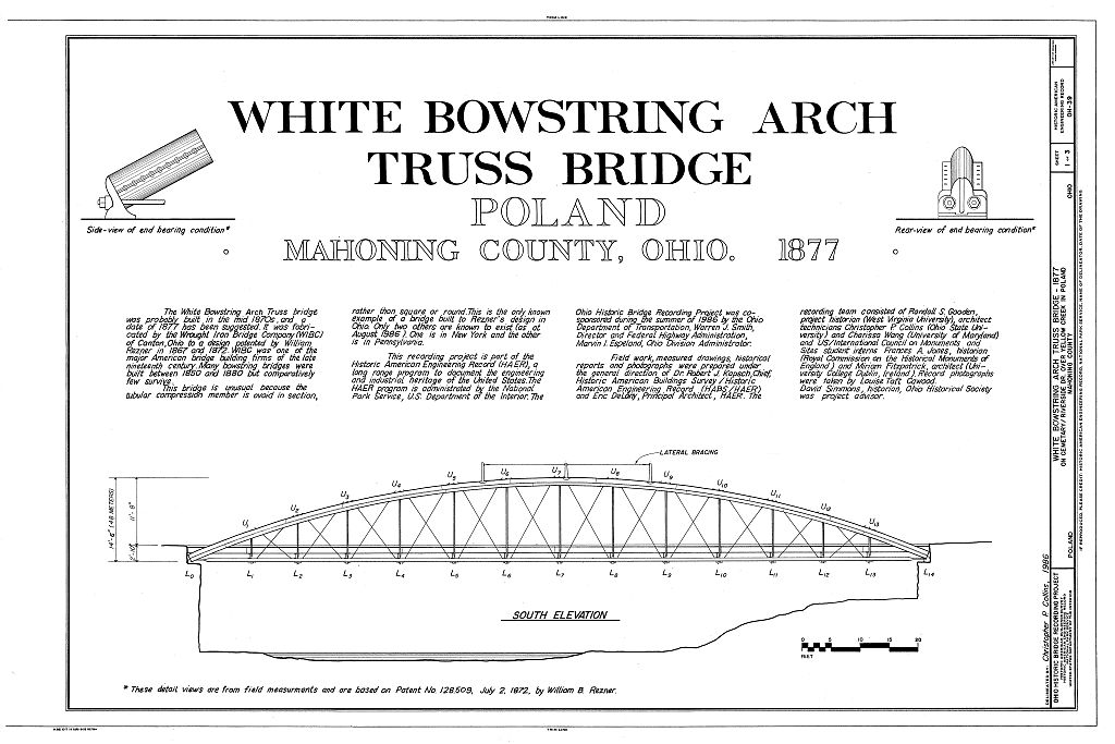 White Bowstring Arch Truss Bridge, Spanning Yellow Creek at Cemetery Drive (Riverside Drive), Poland, Mahoning County, OH, measured drawing filed with the federal survey