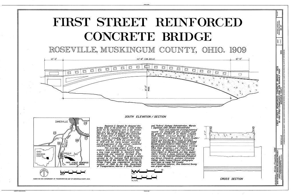 First Street Reinforced Concrete Bridge, Spanning Moxahala Creek at First Street (CR 7), Roseville, Muskingum County, OH, measured drawing filed with the federal survey