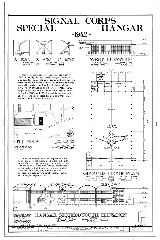 Wright-Patterson Air Force Base, Area B, Building 6, Signal Corps Special Forces Hangar, On flightline at Southeast corner of Eleventh & C Streets, Dayton, Montgomery County, OH, measured drawing filed with the federal survey