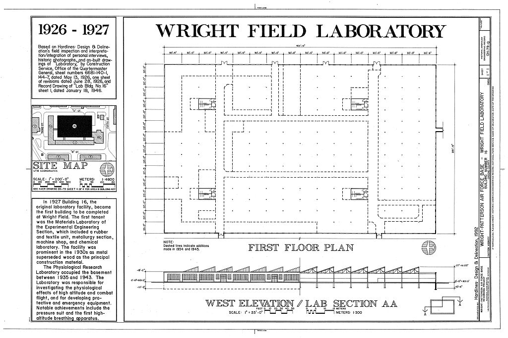Wright-Patterson Air Force Base, Area B, Building 16, Wright Field Laboratory, On D Street from Third to Fifth Streets, Dayton, Montgomery County, OH, measured drawing filed with the federal survey