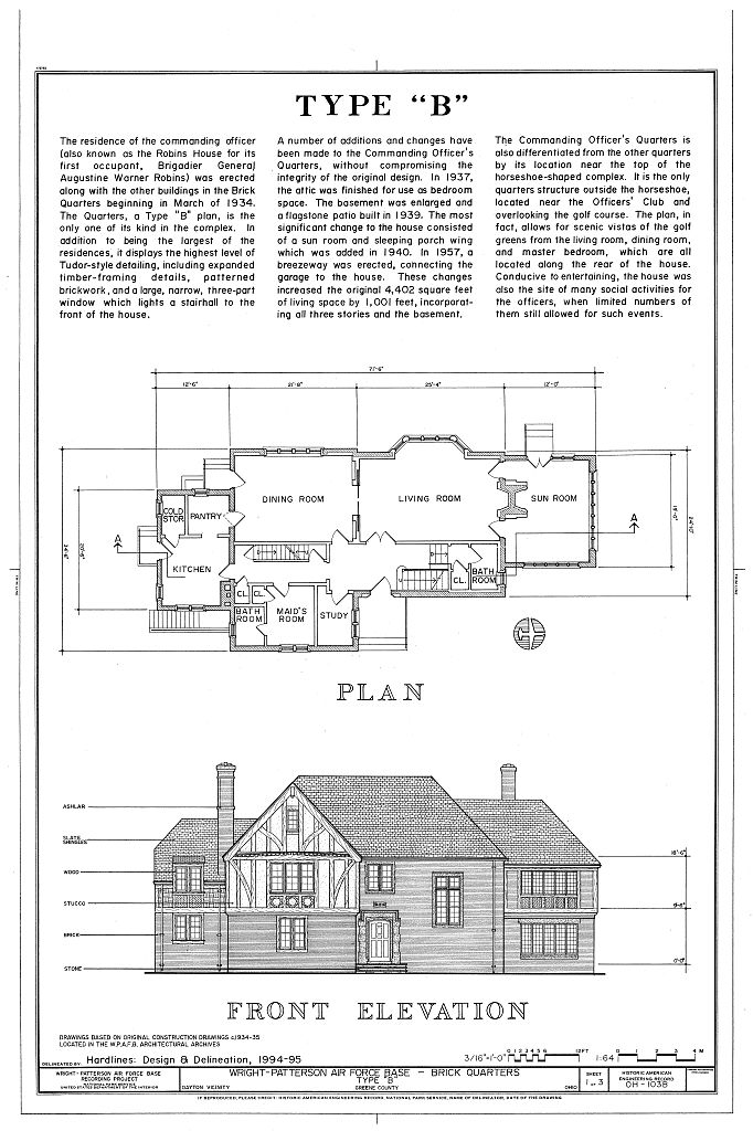 Wright-Patterson Air Force Base, Brick Officers' Quarters, Type B, Dayton, Montgomery County, OH, measured drawing filed with the federal survey
